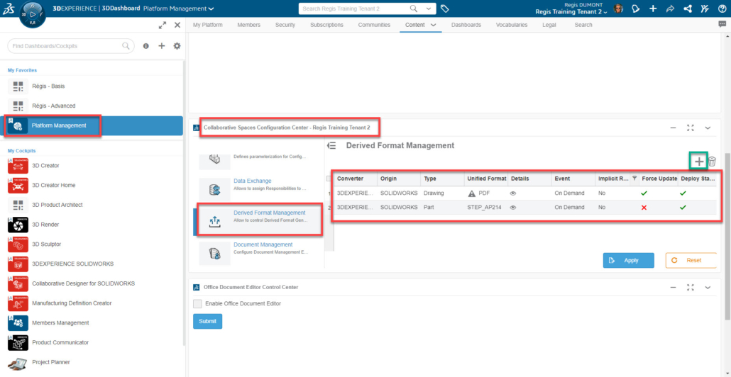 Konfiguration der neutralen Formaterzeugung im Dashboard Plateform Management.