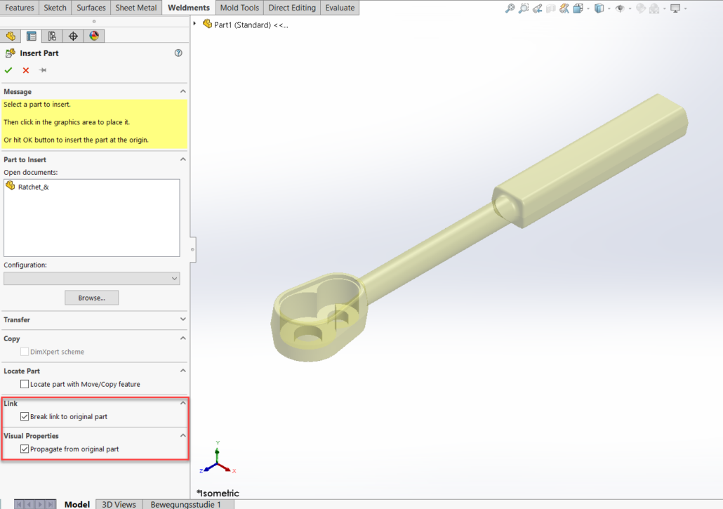 Im Property Manager werden die gewünschten Haken gesetzt - Methoden für korrupte SOLIDWORKS Dateien